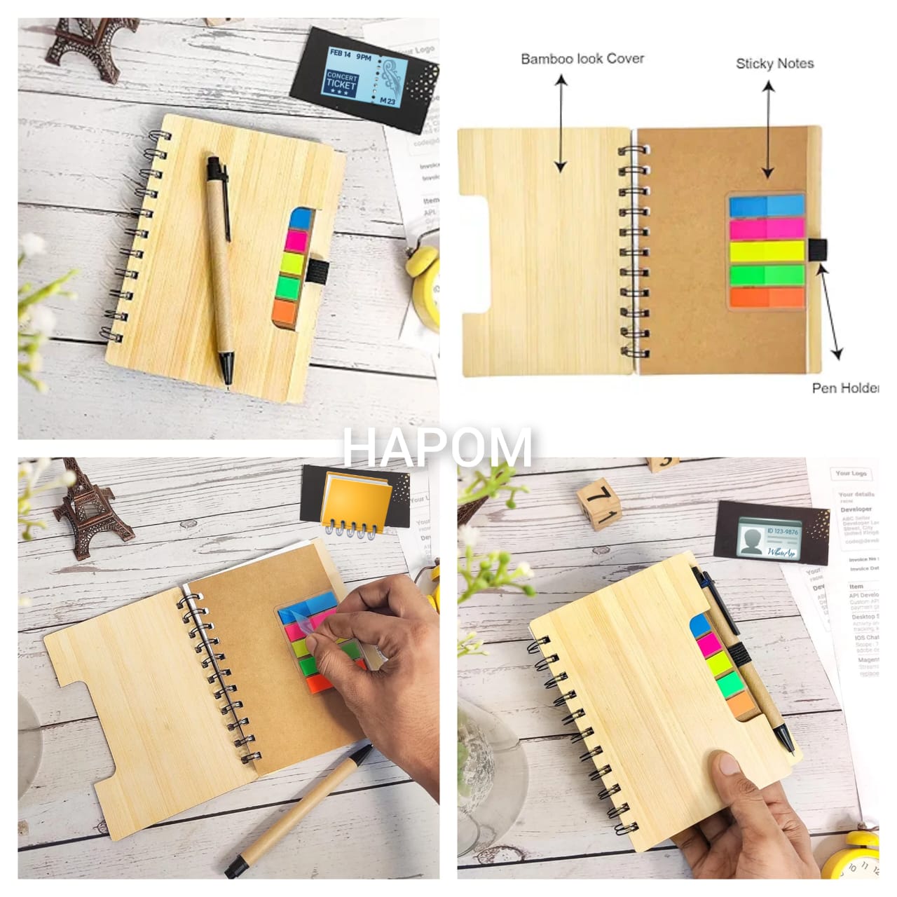 EcoBamboo Spiral Notebook with Sticky Notes & Pen